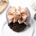 Elegant champagne satin rose hairnet with sparkling rhinestones and ribbon bow - Striped Coffee and Beige with Rhinestone Rose