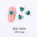Detail of green heart nail charm with silver hollow base and 10x11mm size indicator - Silver Base Green Heart Style (8959)