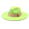 Detail of lime green wool fedora hat featuring a brown ribbon and gold bee emblem - M (56-58cm) / Fruit Green