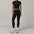 Slim-fit black yoga set featuring a cropped short-sleeve top and high-waisted leggings - S / Top And Bottom / Short Sleeve + Leggings / Premium Black