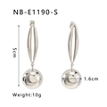 Detail view of double-layer oval hollow earrings with silver metallic polished texture - Silver Oval Round Ball Dangle Style (NB-E1190-S)