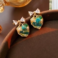Golden heart-shaped dangle earrings with pearls, turquoise, and ribbon-bow crystals - Green Heart (12 Silver Earring Post)