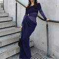 Navy blue off-shoulder long sleeve dress with sheer mesh waist and pleated skirt - S / Navy Blue