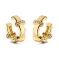 Close-up of golden hoop earrings featuring a buckle design with sparkling zircon stones - Gold Three-Section Zirconia / 1 Pair