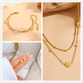 Golden titanium steel jewelry set featuring daisy flowers, zircon, and double-layer chains - Gold Jewelry Set (A119-K612-B110)
