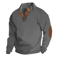 Men's quarter-button knit sweater in grey with contrast brown collar and elbow patches - S / Dark Gray