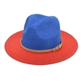Detail of blue and red two-tone fedora straw hat with brown leather band and buckle - M (56-58cm) / Red & Royal Blue