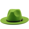 Detailed close-up of a neon green wool fedora hat with a black leather buckled strap - M (56-58cm) / Fruit Green