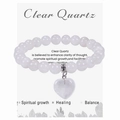 Close-up of clear quartz bead bracelet with heart pendant and spiritual healing labels - White Crystal Bracelet (With Message Card)