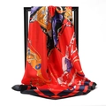 Red satin square scarf featuring classic equestrian print and elegant horse bridle pattern - Carriage Master Red (SD90-13-3)