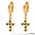 Gold baroque style stainless steel cross earrings with round green zircon stones - Gold Green Zirconia Cross Earrings (KDE685)