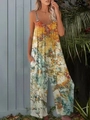 Women's floral print wide leg jumpsuit with spaghetti straps in multicolor mosaic pattern - S / Gemstone Print
