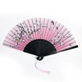 Pink silk folding fan with plum blossom and butterfly patterns on black bamboo ribs - Spring Garden (Pink)