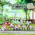 Cartoon panda blind box figurines set showing various cute lifestyle poses on green bases - -399 Panda Baobao Slow Life Box 8 / Full Box Set