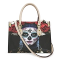 Sugar skull print PU leather tote bag with red roses and white top handles - Sugar Skull Painted Female Red Rose - Off-White Strap
