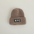 Thick earth-toned knit baby beanie with a black NYC patch for boys and girls - 44-48cm(8M-2Y) / Khaki NYC Knit