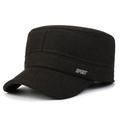 Men's winter thick wool flat top cap in dark brown with sport metal decorative plate - Flat Top / Coffee