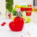 Red heart-shaped base fruit fork set with stainless steel heart and apple picks - Slanted Red Heart Base + 10 Mixed Style Forks