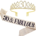 Ensemble couronne en strass dorés et écharpe pailletée champagne pour fête de 30 ans - Or - 30 ans (30 & FABULOUS) / Set