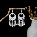 Ethnic style silver leaf tassel earrings with hollow patterns on wooden branch - Silver Hollow Pattern Tassel Style (E5881)