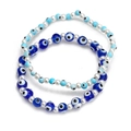 Detail of two-piece evil eye beaded bracelet set with blue, white and silver spacer beads - Layered Blue White Silver Bead Style (BE843MI01)