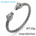 Ancient silver wolf head cuff bracelet in woven stainless steel for men, 22g weight - Antique Silver Wolf Head Style (KB180536-KJX)