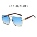 Golden double bridge oversized sunglasses with blue gradient lenses and wood grain temples - Gold Frame Gradient Blue Lens