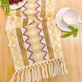 Linen table runner with yellow and brown geometric patterns and elegant tassels - Boho Yellow Red Grid - Knotted Tassels / 30*50cm