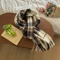 Classic earth-tone plaid scarf with tassels on a wooden tray for cozy winter styling - Beige Checkerboard