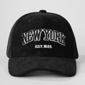 Gorra de béisbol retro de pana negra con bordado de New York y correa trasera ajustable - Talla única / Negro