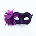 Elegant purple sequined masquerade mask with floral accent and feathers for party - No Handle / Purple