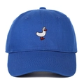 Detailed close-up of a navy cotton baseball cap featuring a white swan embroidery - Adjustable / Blue