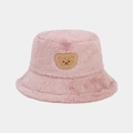 Close-up of pink faux fur bucket hat with cute brown teddy bear embroidery detail - M (56-58cm) / Pink