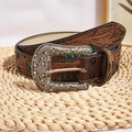 Bohemian western style brown leather belt with turquoise inlay and ornate silver buckle - 115cm / Dark Brown