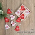 Set of 12 red and white wooden Christmas bell ornaments with snowflake patterns - Style F
