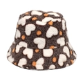 Detail of plush bucket hat with heart and polka dot pattern in brown, white and orange - M (56-58cm) / Coffee