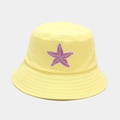 Close-up of yellow cotton bucket hat with purple starfish embroidery and fine stitching - M(56-58cm) / Yellow