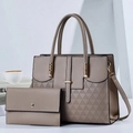 Two-piece khaki PU leather tote bag set with geometric embossed patterns and golden hardware - Khaki