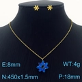 Golden flower jewelry set with blue petal pendant and stud earrings on black bust - Dark Blue (KS201531-GG)