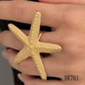 Close-up of golden starfish ring with bionic texture finish on finger for women - Gold Starfish Ring (BK761)