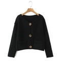 Thick knit black cardigan with long sleeves, V-neck, and decorative gold metal buttons - S / Black