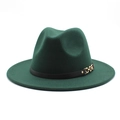 Detail of dark green wool fedora hat featuring a black band with a gold chain buckle - M (56-58cm) / Dark Green