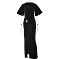 Elegante vestido largo negro con hebilla de hoja dorada y abertura lateral alta - S / Negro