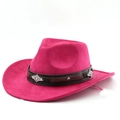 Close-up of rose red suede cowboy hat with brown leather band and silver metal buckle - M (56-58cm) / Rose Red