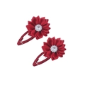 Par de pinzas para el cabello con flores de satén rojo y centros de diamantes - Granate