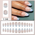 Blue French almond press-on nails with white flower designs in a 24-piece full set - Blue French Tip White Floral (Y-348)