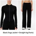 Women's black 2-piece yoga set featuring zip-up jacket and slim fit track pants - S / Black (Yoga Jacket + Straight Pants)