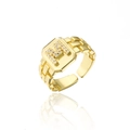 Macro shot of 18K gold letter M ring featuring AAA zircon and watchband chain texture - Letter M