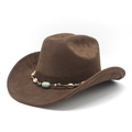 Dark brown suede cowboy hat with ethnic beadwork and turquoise stone detail - Brown