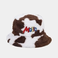 Macro detail of plush cow print bucket hat with embroidered colorful MUSIC letters - M (56-58cm) / Dark Brown
